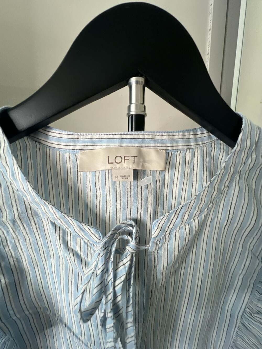 LOFT Striped Ruffle Tie Neck Peplum Sleeveless Blouse - Picture 3 of 11